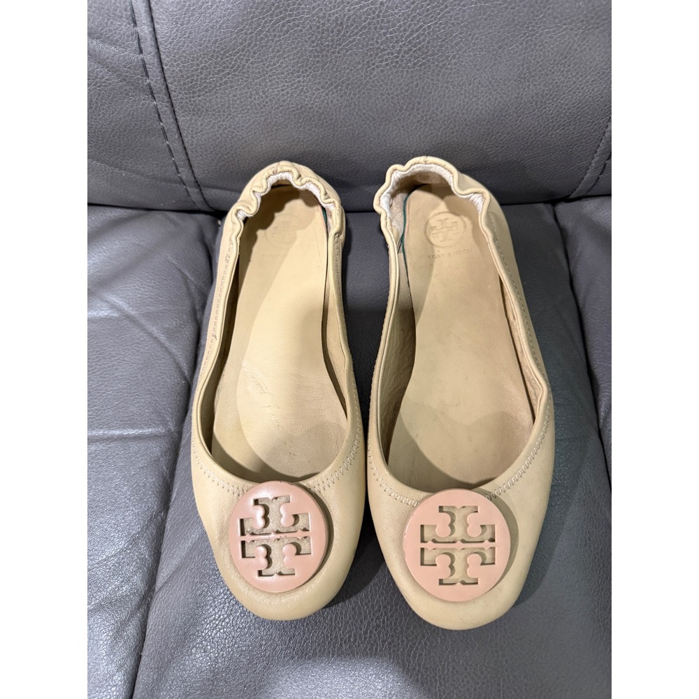 Tory Burch Minnie Travel Ballet Flats Beige Leather Logo Medallion XS1906-1 39‎